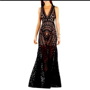BCBGMAXAZRIA Maranda Burnout Lace Halter Dress Gown Fit Flare Mermaid